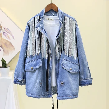

[LANMREM]2020 Spring New Long Sleeve Sequins Tassel Denim Jacket Plus Size Women Trend Coat Korea Loose Casual Outerwear Coats