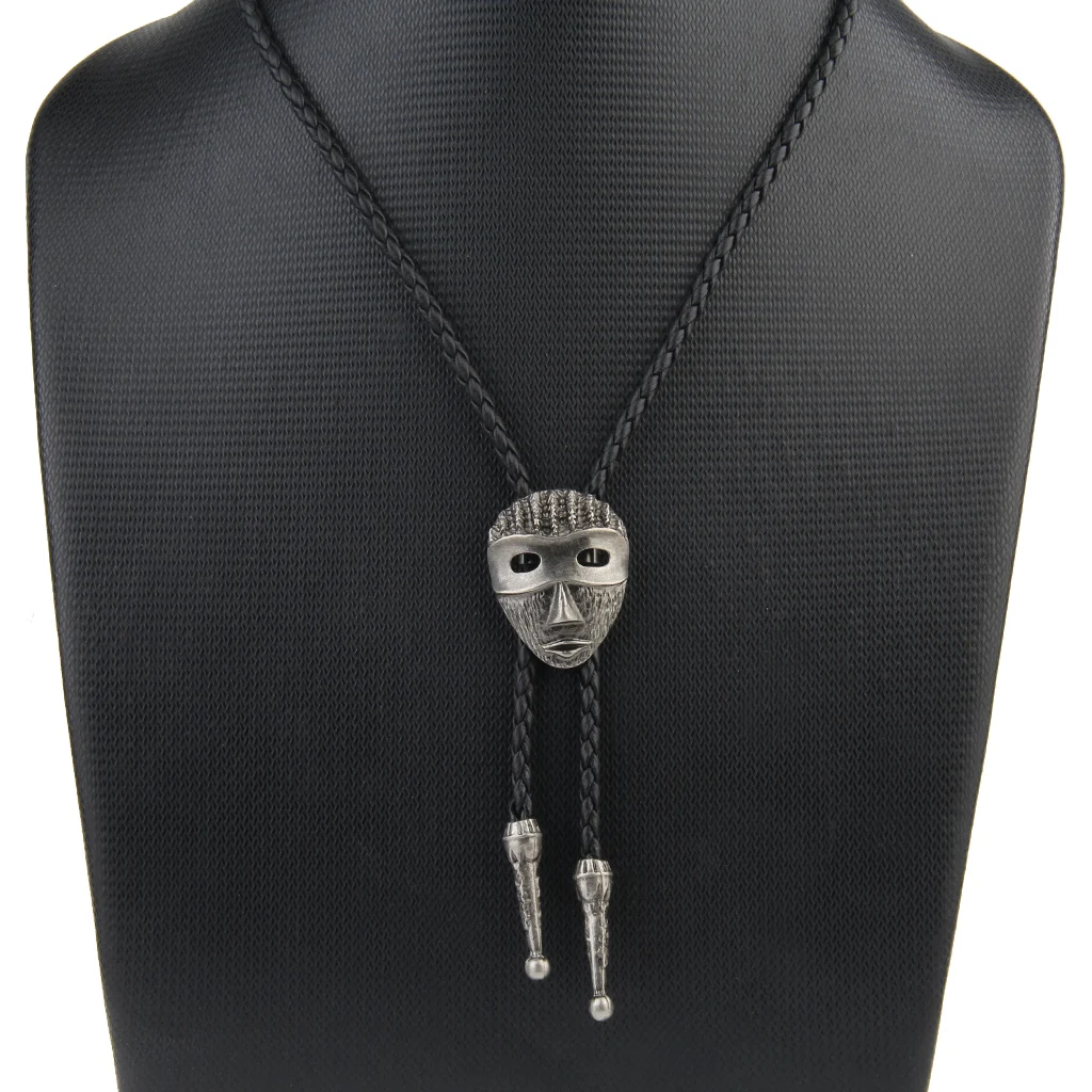 American Native Black PU Leather Cord Western Cowboy Bolo Tie with Bola Pendant Necklace
