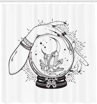 

Alchemy Shower Curtain Fortune Teller Figure with Hands Crystals and Crescent Moon Sketchy Design Cloth Fabric Bathroom Decor