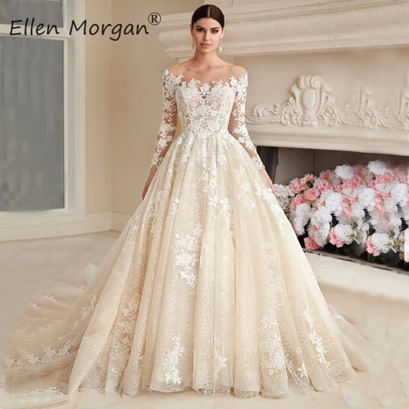 

High Quality Luxury Lace Wedding Dresses 2019 Elegant Long Sleeve Boat Neck Cathedral Ryal Train Princess Bridal Ball Gowns
