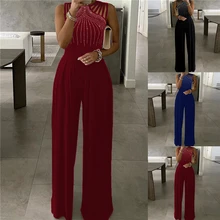 

2021 New Summer Party Wear Clothes Women's Sexy Studded Cutout Ruched Wide Leg Jumpsuit Casual Sleeveless Long Pants