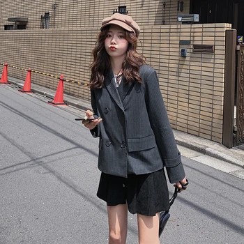 

2020 Spring And Autumn New Youth Popular Stripe Double-breasted Small Suit Fashion Casual Wild Slim Top Dark Gray S-L