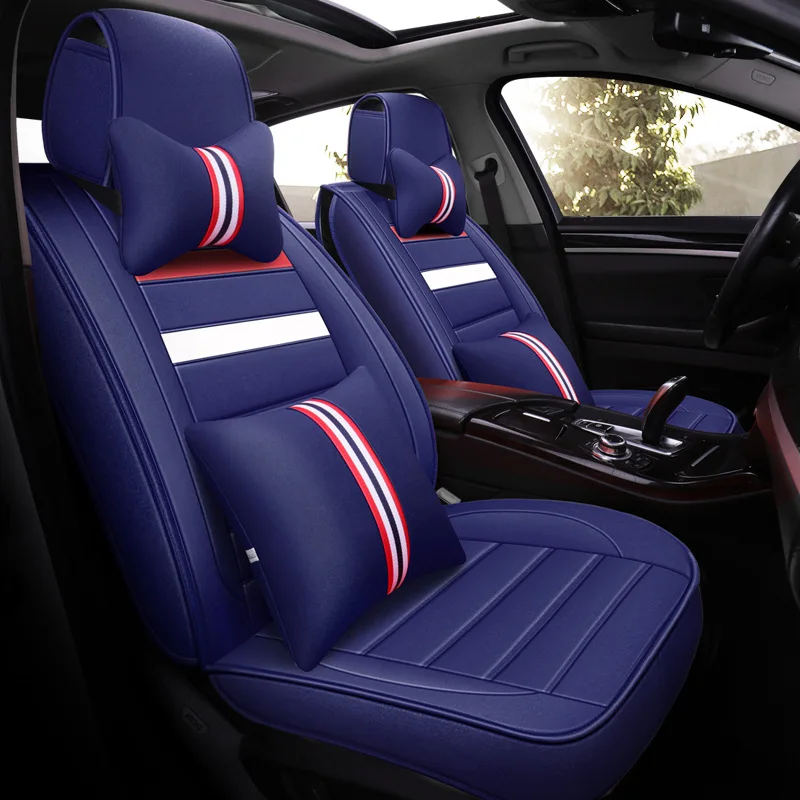 Blue Deluxe Передняя+ задняя) Универсальная льняная и кожаная крышка сиденья автомобиля полный комплект сиденье для салона автомобиля подголовник поясничная Подушка автомобильный стиль аксессуары - Название цвета: Blue Deluxe