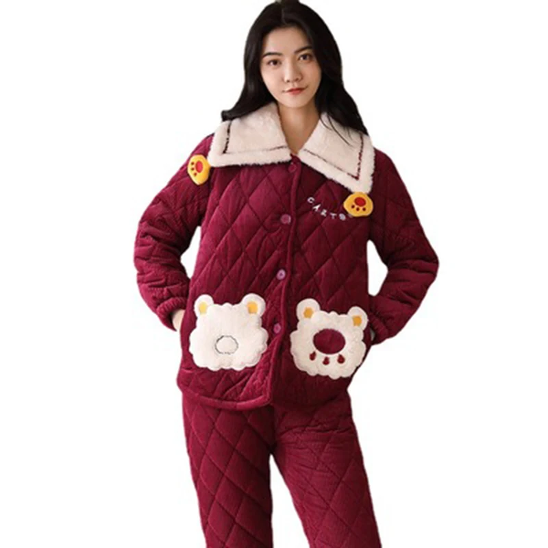 

Women Sets Winter Warm Two-Piece Suit Women Pajamas 2023 New Casual Large Size Thicken Lapel Home Women Suit Nightgown NBH534