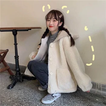 

Cute women's coat female jacket tide winter bear ears bear tail girl imitating lamb wool cute loose wild coat women Keep warm