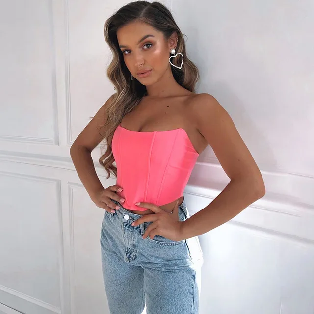 Corsé de satén sin tirantes para mujer, top fluorescente sexy para mujer, blusa  rosa corto entallado con hombros descubiertos, crop tops de cuello barca  para mujer, ropa de noche de fiesta para