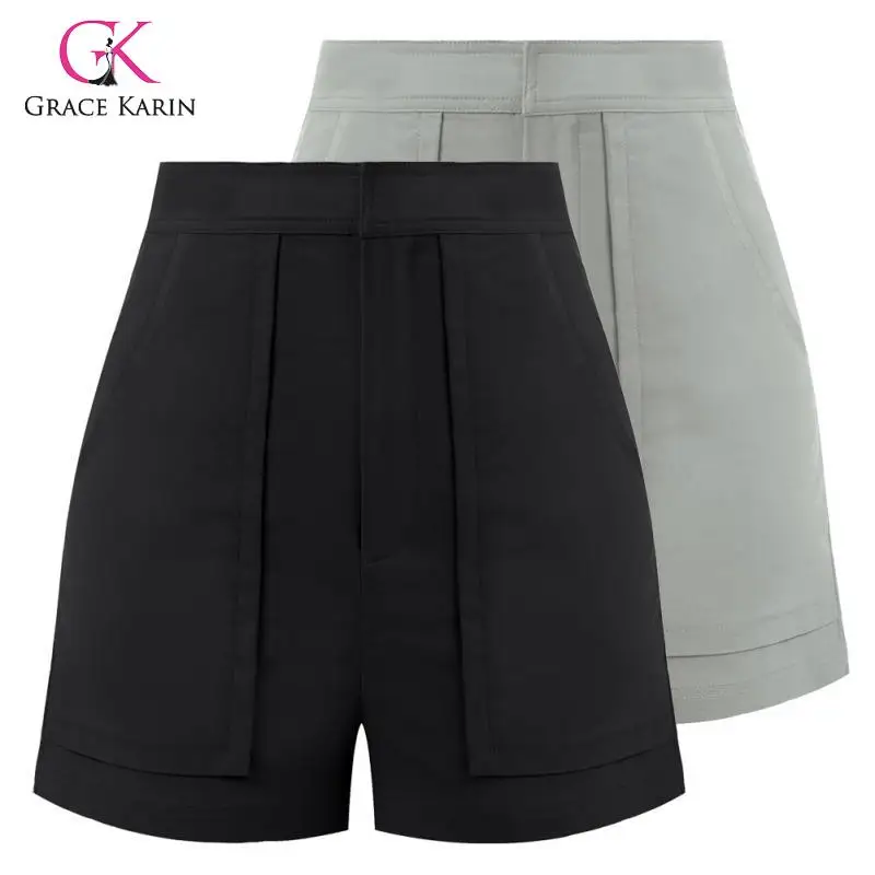 Grace Karin Модные женские шорты с высокой талией, короткие штаны, прямые штаны с карманами, шорты на молнии, Женские однотонные шорты