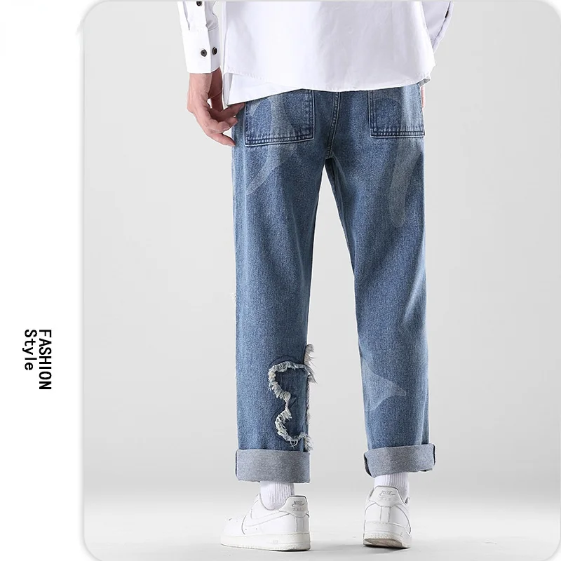 Beggar Patches Men's Jeans New Autumn Loose Straight Pants Korean Hip Hop Jeans Male Streetwear Harajuku Jogging Trousers M-5XL 2