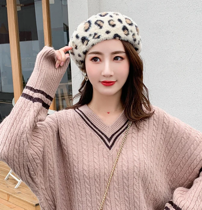 beige Японская новая зимняя мода Дикий Леопардовый берет Женская Корейская версия лба анти-как кашемировая Кепка - Цвет: beige