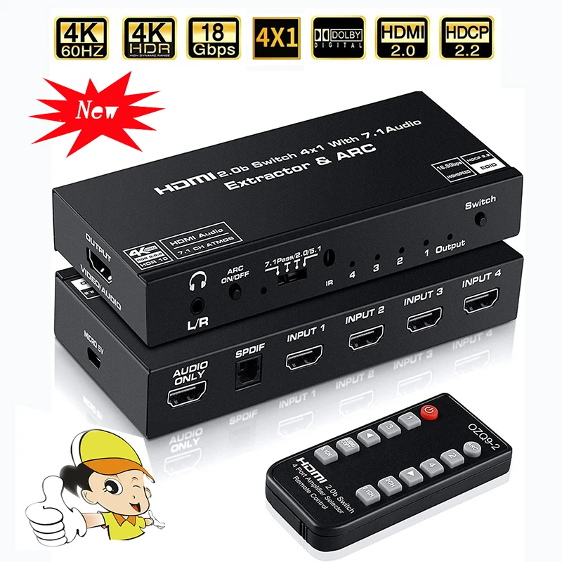 

4K60HZ HDMI switch HDMI switch 4x1 with audio separation ARC+ 7.1 5.1 2.0 channel output HDCP2.2 HDMI adapter