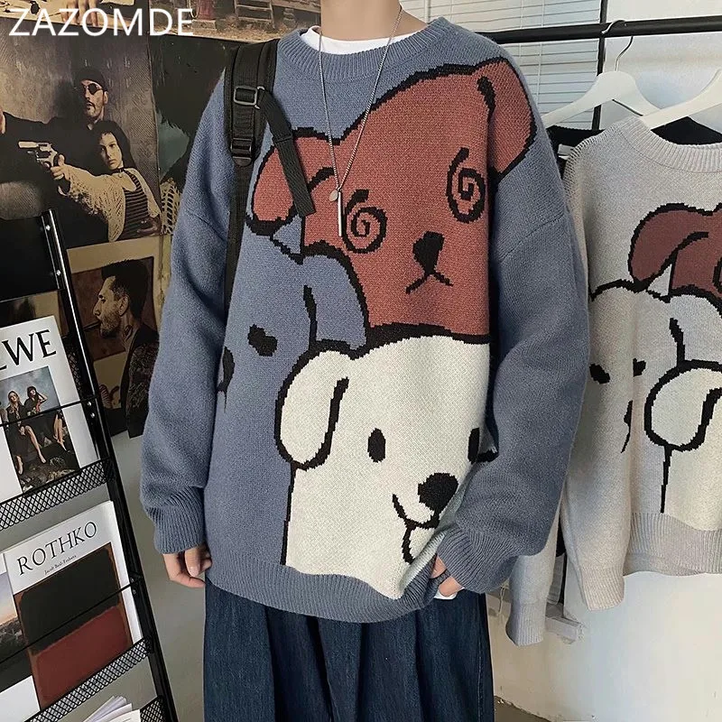 zazomde harajuku urso dos desenhos animados do vintage camisola masculina inverno quente grosso malha pullovers casais camisola hip hop roupas