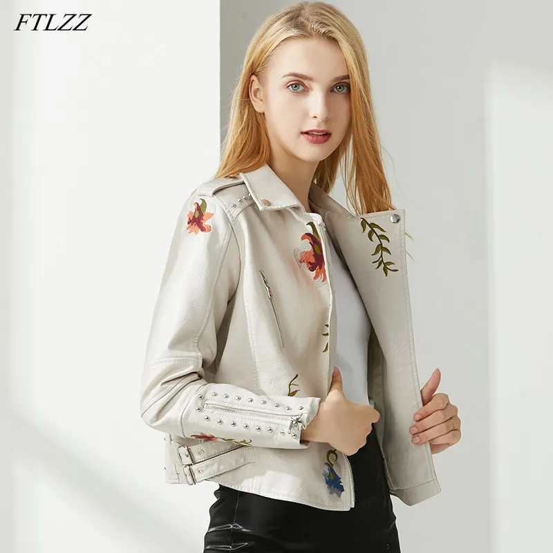 2022 New Spring Autumn Women Biker Leather Jacket Floral Print Embroidery  Pu Leather Jacket Turn-down Collar Zipper Jacket