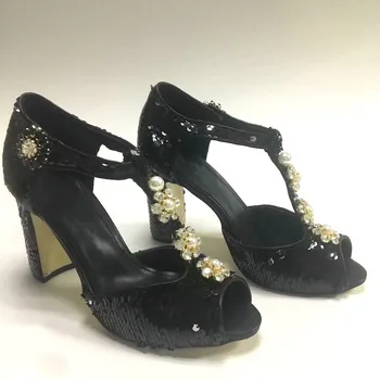 

Luxury Black Sequined Summer High Heels Pearl Embellished T-strap Open Toe Shoes Ladies Party Sandals Maryjanes