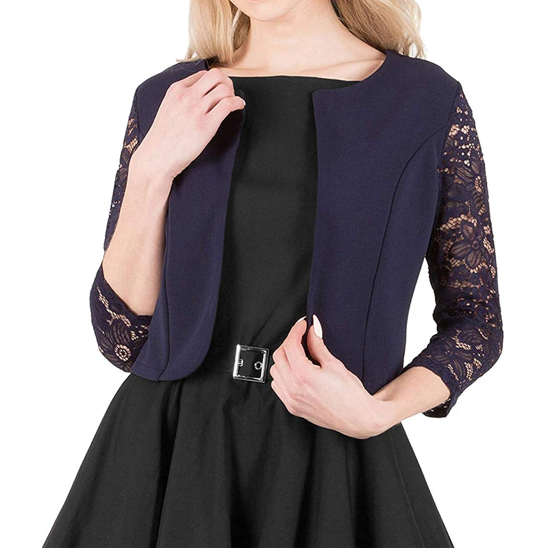 Navy Blue Элегантное укороченное 3/4 с кружевными рукавами Открытое вечернее болеро с кружевными рукавами женское вечернее Болеро новые свадебные накидки для свадьбы болеро - Цвет: Navy Blue