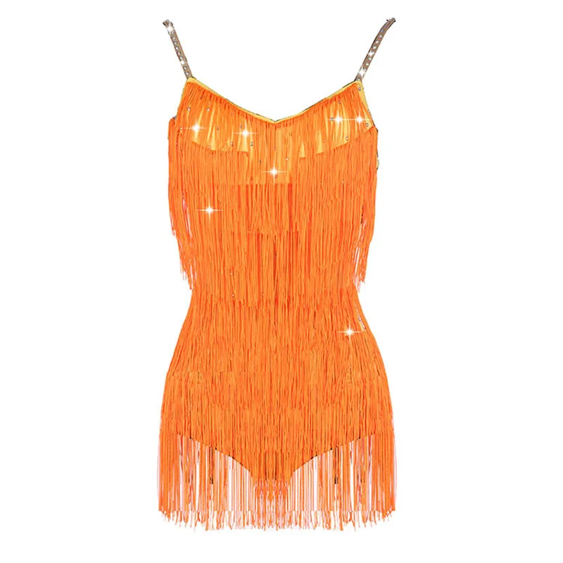 Платье для латинских танцев Румба ча конкурс представление Одежда Дамы Оранжевый кисточкой блестящие стразы сексуальные платья с открытой спиной DN3540