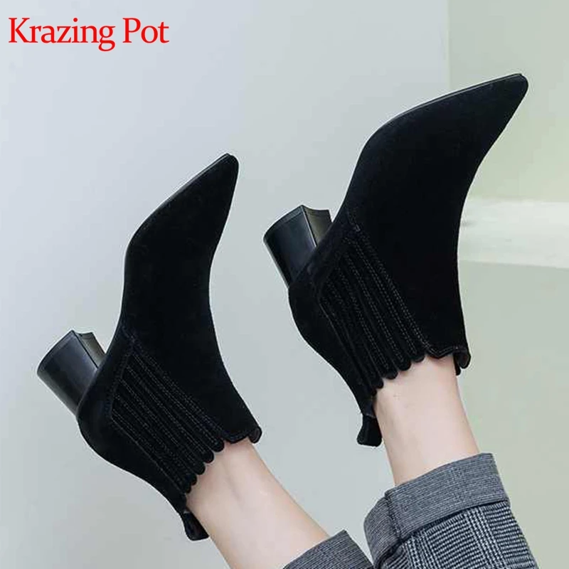 

Krazing pot cow suede pointed toe med heels runway slip on gladiator mature lady concise design beauty girl Chelsea boots l96