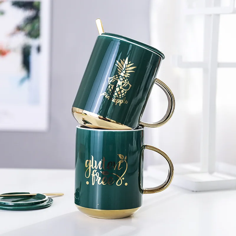 "Green Luxury" Modern Beautiful Ceramic Mug with Lid Spoon Tea Milk Coffee Cup Home Office Drinkware Waterware