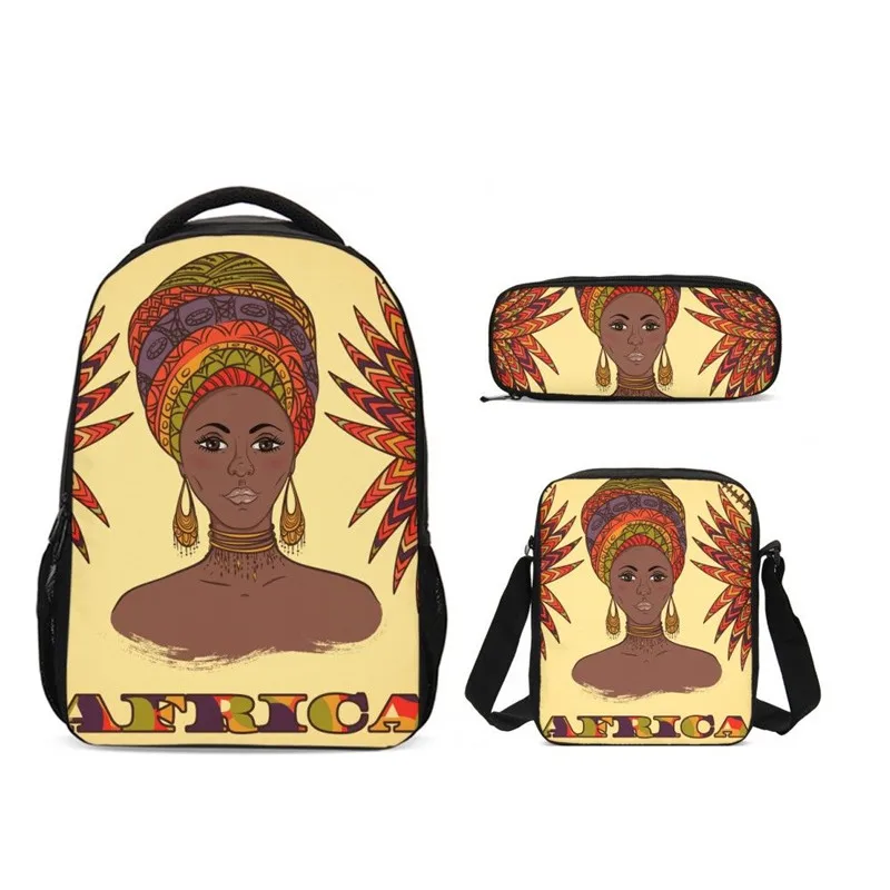 3Pcs/Set Portfolio School Bags Girls Boys Fashion Black Art African Girl Printed Backpacks Teenager Kids Bookbag Casual Daypacks - Цвет: SCBW014001X9G