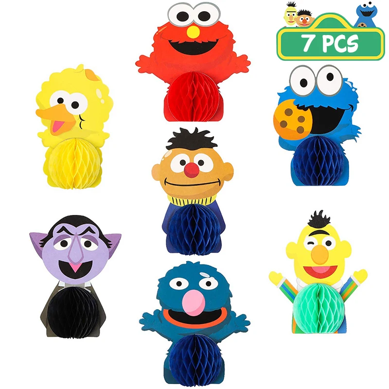 7Pcs Sesame Honeycomb Centerpieces Tables Toppers Monster Decor Theme Party Supplies Photo Booth Props for Kids Birthday