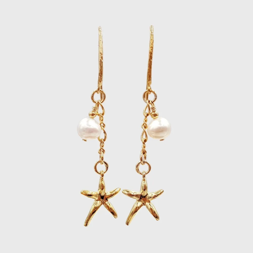 

Lily Jewelry Real Freshwater Pearl 925 Sterling Silver Gold Color Star Drop Earrings