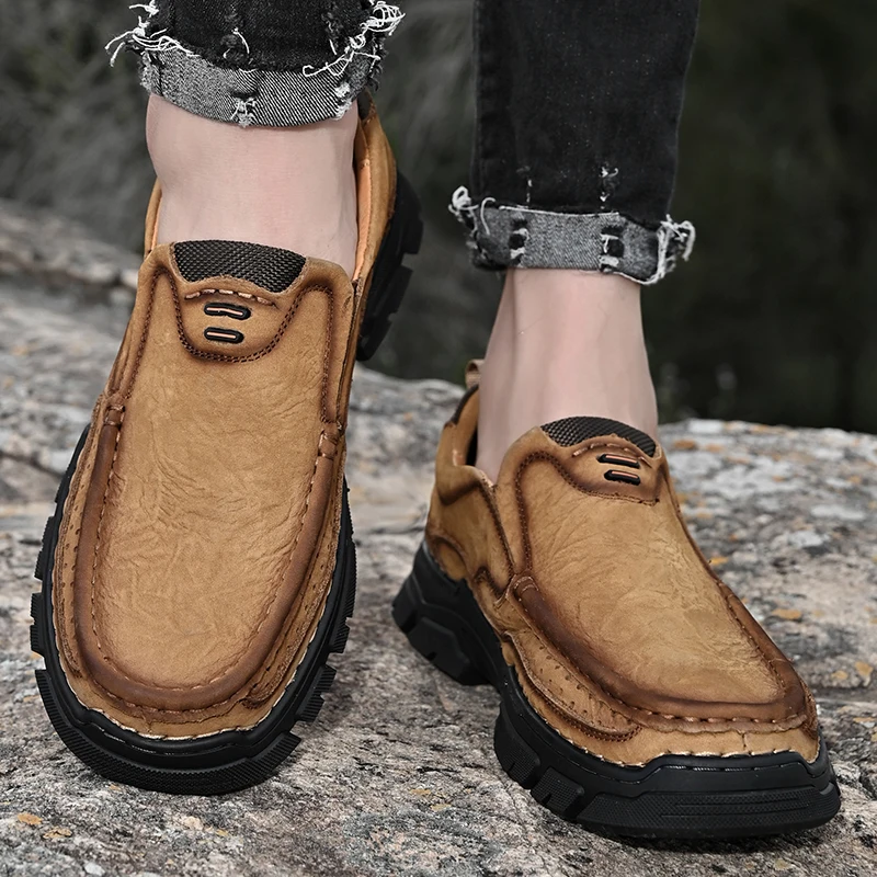Men's Second Cowhide Fashion Casual Shoes Male Geniune Leather Handsewn Loafers Trendy Breathable Platform Leisure Big Head Shoe