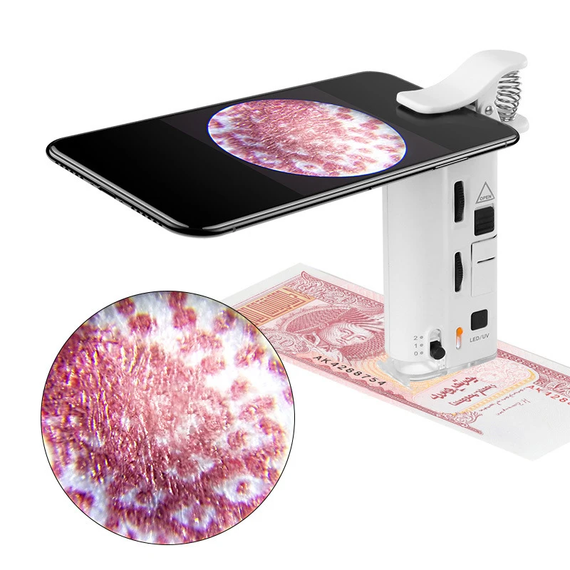 

60X-100X Adjustable Zoom Clip-on Phone Magnifier Magnifying Lens with 1 LED lights and UV Light Mobile Phone Camera Clip