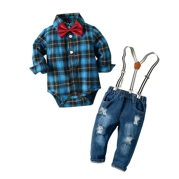 

Baby Boy Clothes Childrens Suits Baby Boys Business Suit Plaid Romper + Jeans +Bow 3Pcs/Set For Newborns For Party 1-2 Age