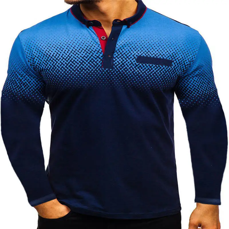 

3D Digital Printed Mens Polos Gradient Long Sleeve Male Tees Autumn Lapel Neck Casual Mens Clothing
