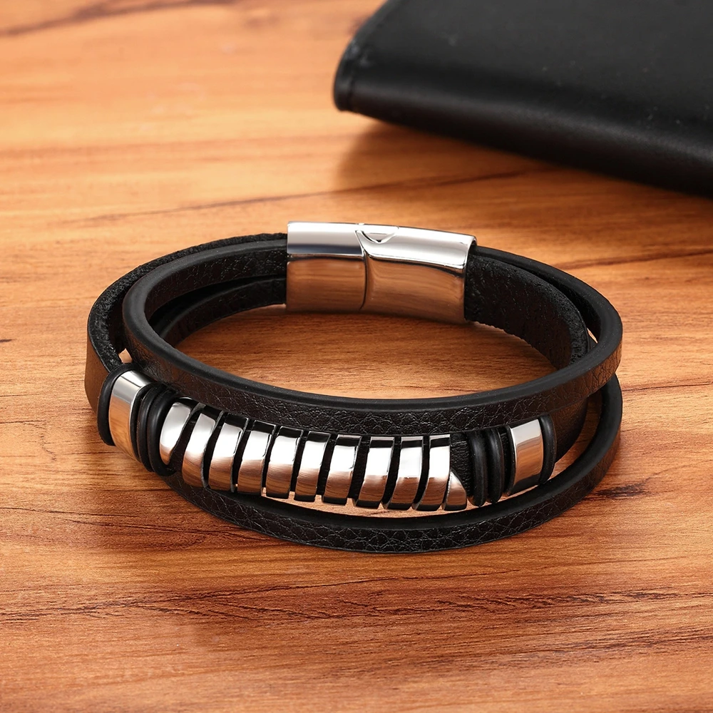 Cross Style Multi Layer Design Stainless Steel Fashion Men’s Leather Bracelet Classic Gift For Men 5 Different Styles Choose