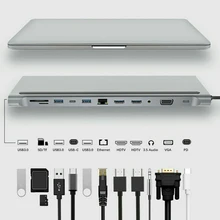 12 em um tipo c docking station usb3.1 para duplo hdmi porta de rede vga expansão sd/tf cartão leitor hub