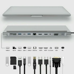 Station d'accueil de Type c douze en un, usb 3.1 vers port réseau double HDMI, extension VGA, hub lecteur de carte SD/TF 