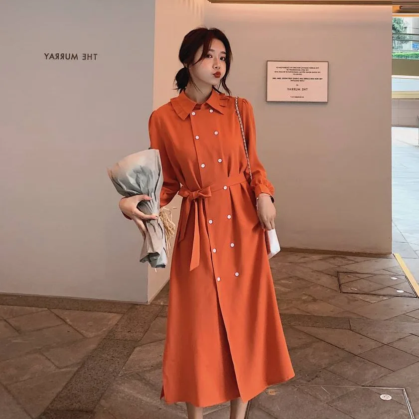 

Photo Shoot CHIC Elegant Ol Orange Frilled Fold-down Collar Double Breasted Waist Hugging Lace-up Slit Shirt Dress Women's