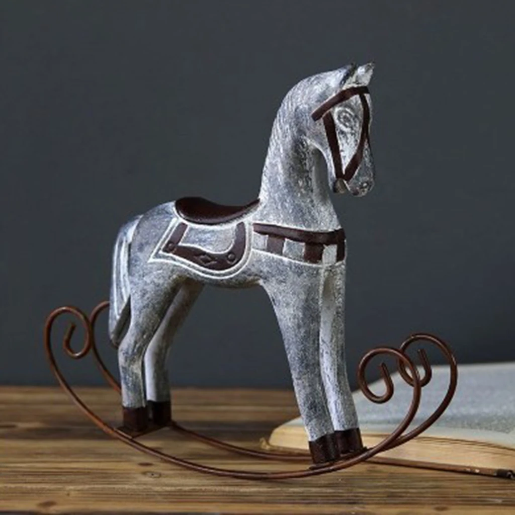 Wooden Crafts Rocking Horse Figurine Home Office Decor Furnishing Articles Wooden Adornment Crafts Horse Statue Rocking Horse