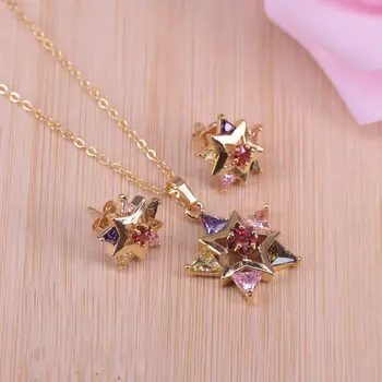 

hexagon squre earrings-necklace sets gold color jewelry set colorful cubic zircon for women fashion jewelry