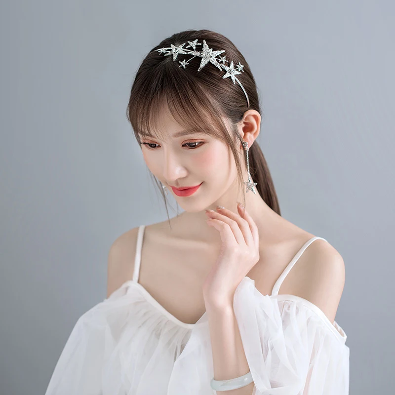 

Sparkly Rhinestone Stars Headband Hair Jewelry Wedding Bridal Headdress with Drop Clip On Earrings Princess Headpiece Accessory