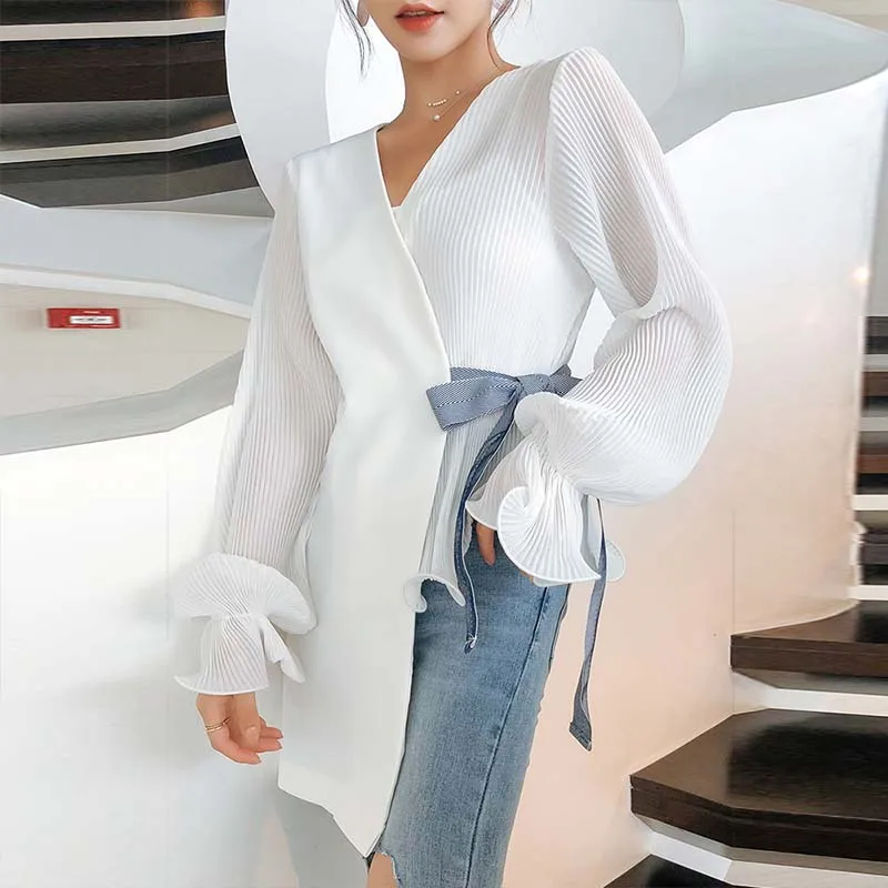 

Lrregular Women's Blouse Fashion Patchwork V-Neck Harajuku Bow Belted White Blouse Elegant Office Lady Long Sleeve Cardigan Tops
