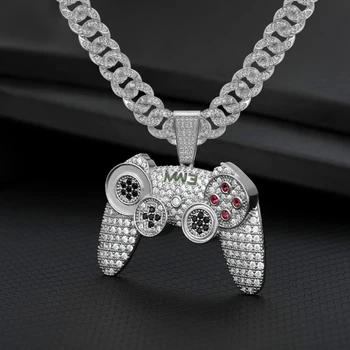 

Hip Hop Iced Out Chain Pendant Necklace Gold Silver Color Punk Game Controller Handle Rhinestones Cuban Link Chain Necklaces Men