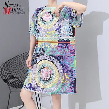 

New 2020 Korean Style Women Summer Clothing Colorful Printed Straight Dress Plus Size Ladies Casual Beach Midi Dress Robe 5998