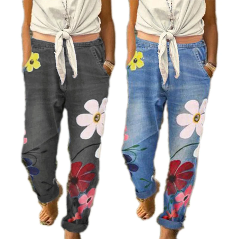 Vintage denim floral casual pants Outlet
