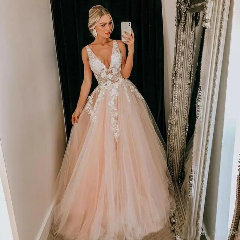 V-Neck-Sleeveless-Pink-Wedding-Dress-Tulle-Lace-Appliques-vestidos-de-novia-Bride-Dresses-Wedding-Gowns