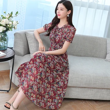 

Summer Chiffon Plus 2020 Size 4XL Korean Elegent Print Floral Woman Beach Party Dress 040701 YY060