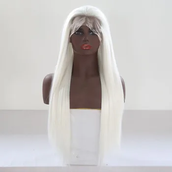 

QUINLUX WIGS White Long Silky Straight Synthetic Lace Front Wigs HandTied Wig for Women Anime Cosplay Wig Free Part Heat Fiber