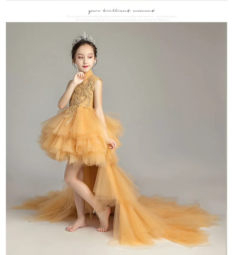 Шикарное Золотое Платье с вышивкой для девочек на выпускной, свадебное платье детское вечернее платье принцессы с золотым цветком для