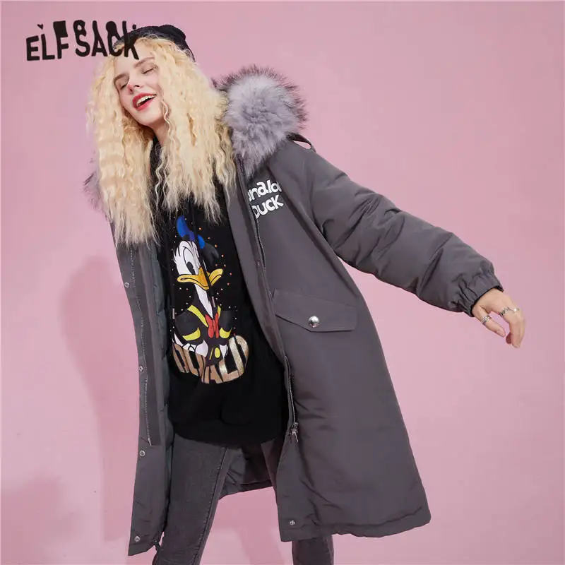 ELFSACK Cartoon Print Fur Collar Korean Warmness