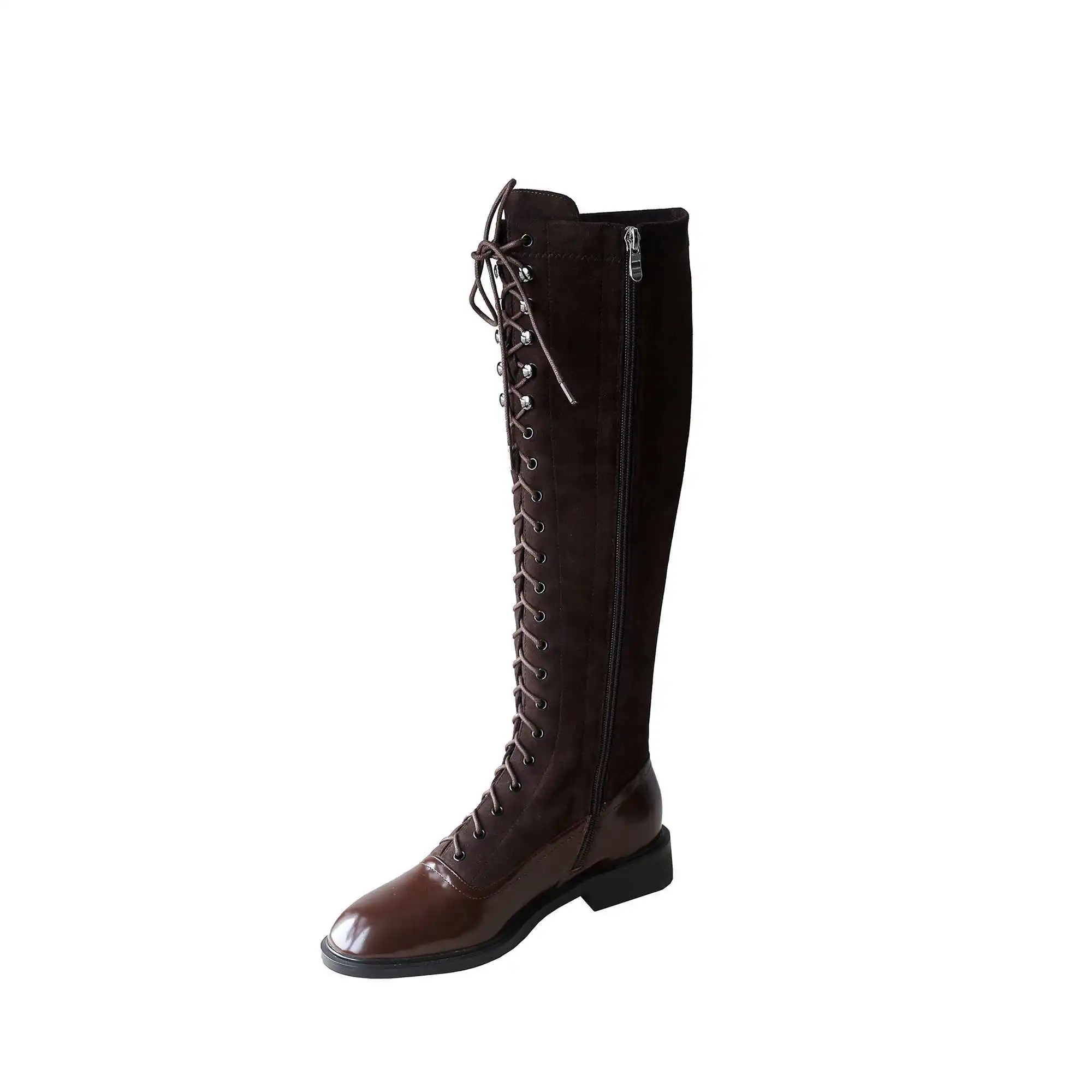 Bottes femme new winter shoes women's riding boots cow leather patchwork flock handsome British lace up rivets knee-high boots