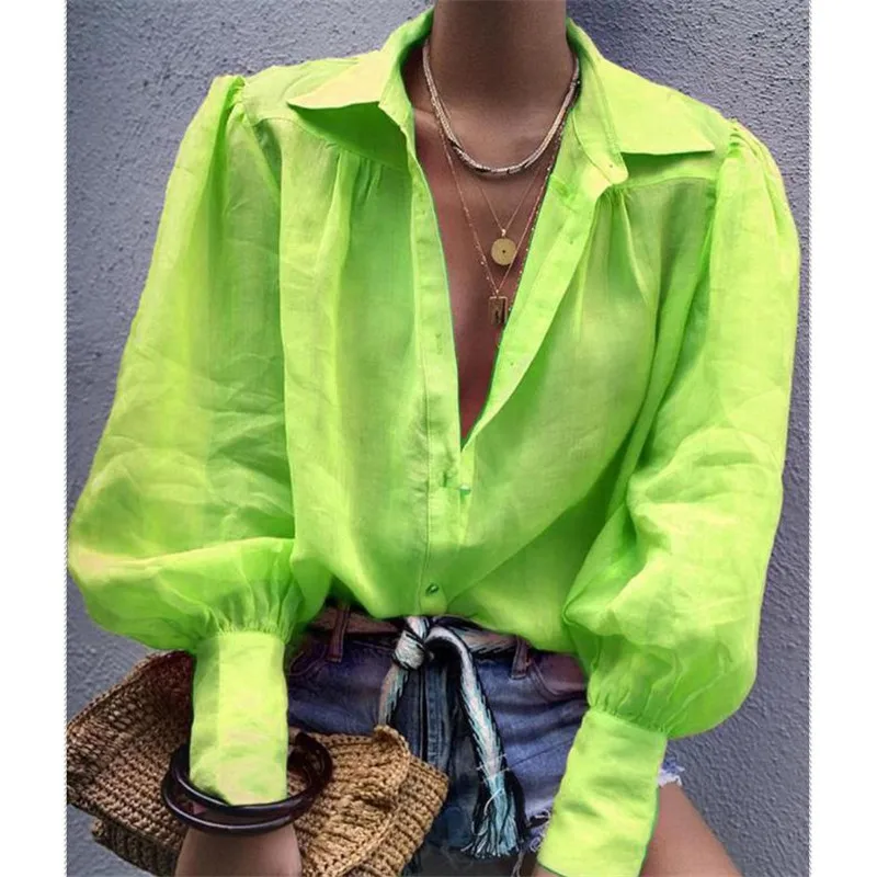 Модная однотонная женская простая блузка летняя рубашка с длинными рукавами-фонариками и лацканами на пуговицах Повседневная Женская блузка Топы - Цвет: Зеленый
