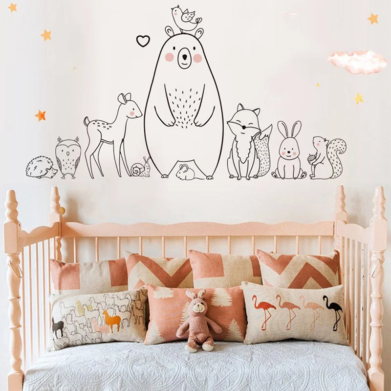Cartoon Nursery Decals Sticker Shy Baby Room Creative Bear Fox Animal Wall