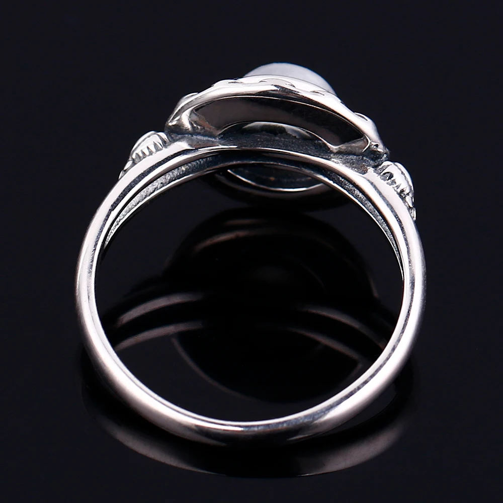 925 Silver Ring Round 7MM Natural Moonstone and Natural Purple Dragon Crystal Retro Heart Ring Engagement Wedding Party Gift