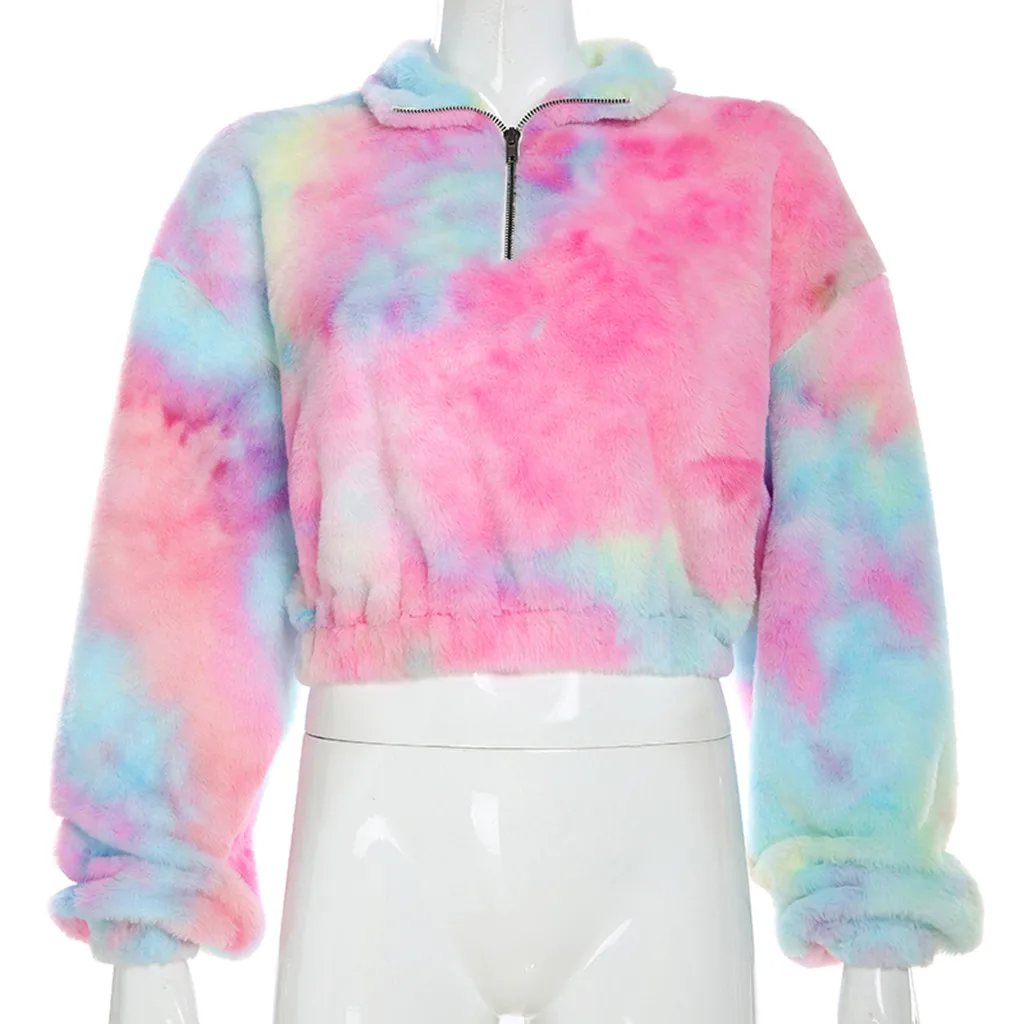 Женская Радужная Толстовка Tie Dye Teddy уличная одежда с длинным рукавом из искусственного меха флисовые Топы плюшевый пуловер больших размеров Sudadera Mujer