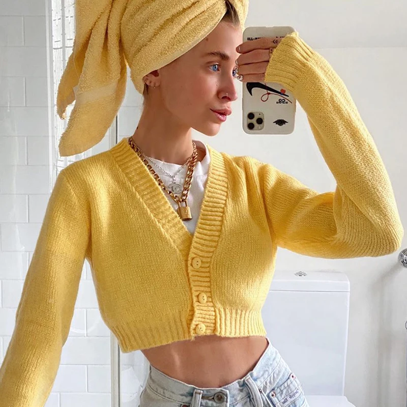 Yellow Sweat Cute Knitted Cropped Cardigan Women Autumn Warm Sweater Ladies  Fashion Buttons Long Sleeve Top Knitwear - AliExpress